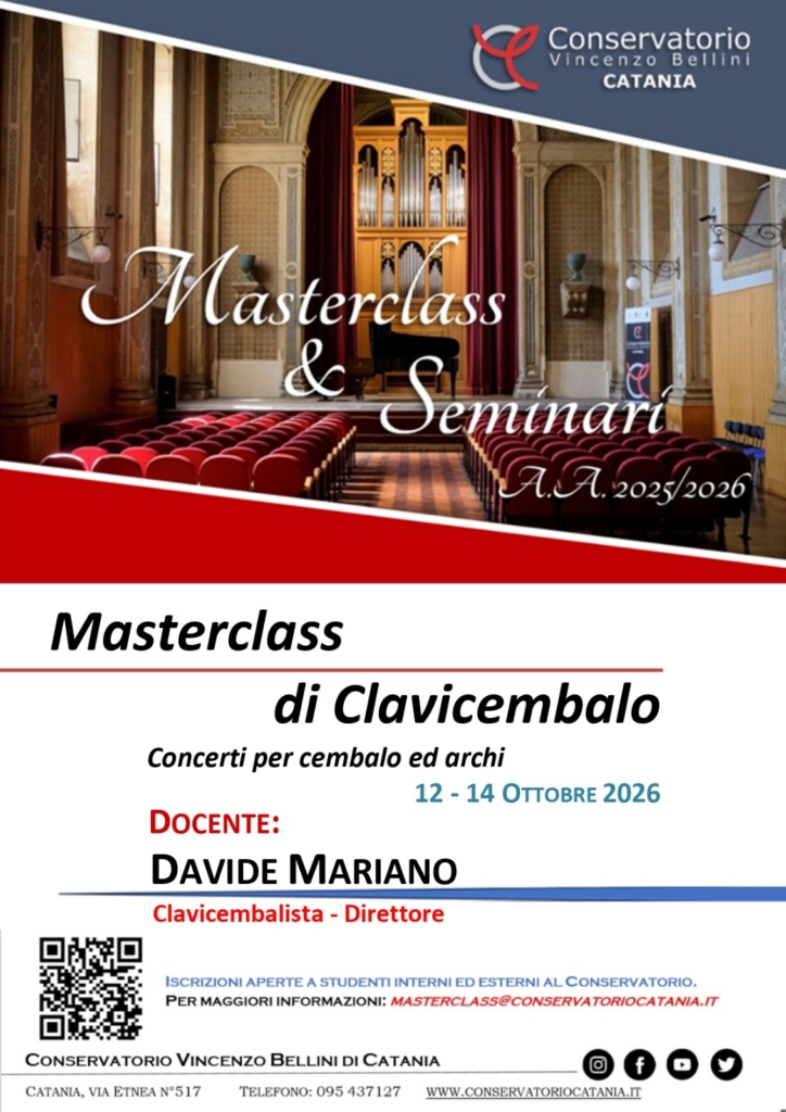 Locandina della Masterclass di clavicembalo, Concerti per cembalo ed archi. Immagine sala concerti conservatorio, e sotto informazioni della Masterclass. Titolo: Masterclass di clavicembalo, Concerti per cembalo ed archi. Docente: Davide Mariano, Clavicembalista - Direttore. Iscrizioni aperte a studenti interni ed esterni